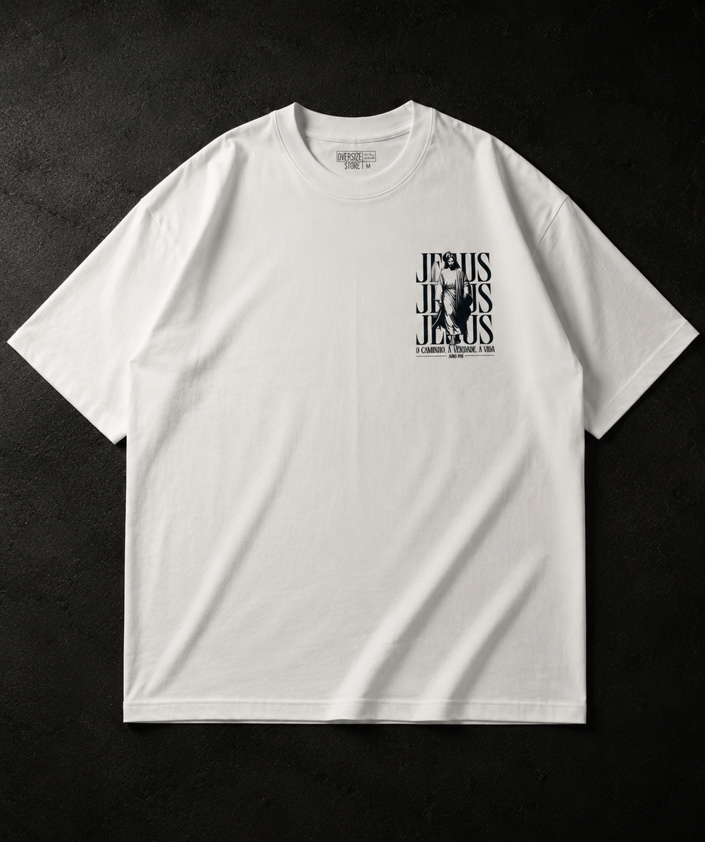 Camiseta oversized preta cristã com estampa Jesus nas costas